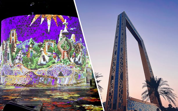 Infinity des Lumières digital art display and Dubai Frame at sunset.