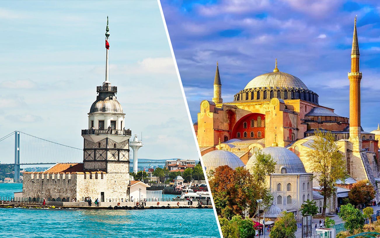 Hagia Sophia and Maiden's Tower in Istanbul, part of guided tour and Bosphorus cruise.