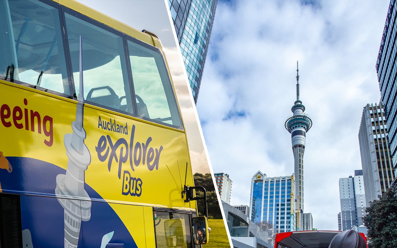 Auckland Explorer Bus and Sky Tower in cityscape.