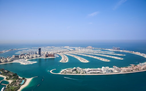 Aerial view of Palm Jumeirah, Dubai, from a helicopter tour.