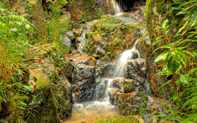 Waterfall surrounded by lush greenery at Tropical Spice Garden Penang.