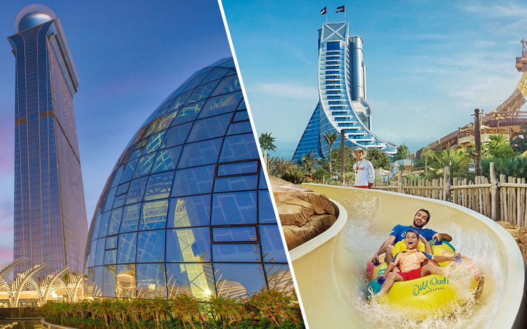 The View at The Palm and Wild Wadi Water Park in Dubai, featuring iconic architecture and water slide.