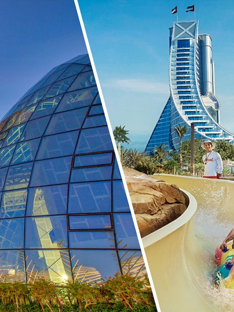 The View at The Palm and Wild Wadi Water Park in Dubai, featuring iconic architecture and water slide.