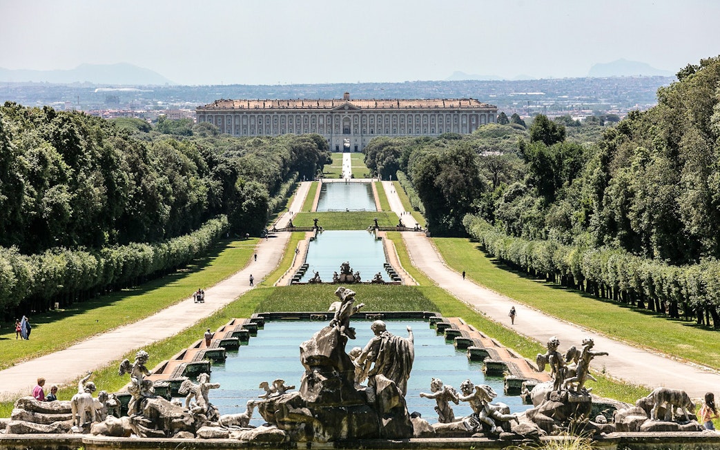Fountain and gardens leading to Royal Palace of Caserta, Naples.