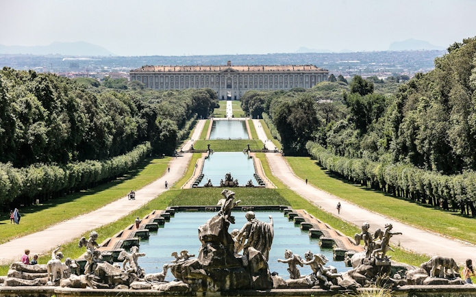 Fountain and gardens leading to Royal Palace of Caserta, Naples.