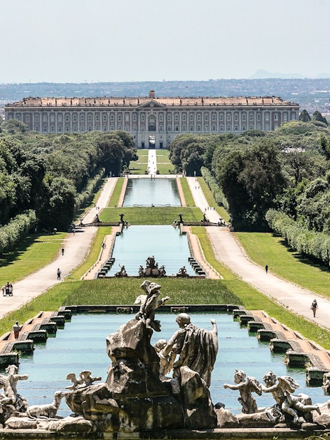 Fountain and gardens leading to Royal Palace of Caserta, Naples.