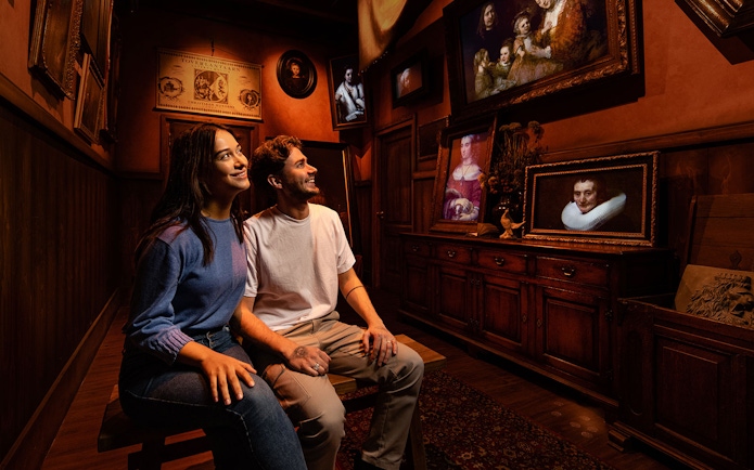 Tourists enjoying Rembrandt's Amsterdam Experience surrounded by classic paintings.