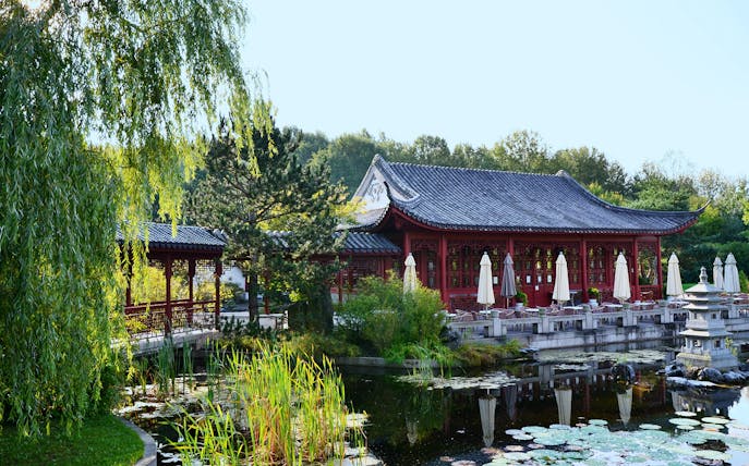 Traditional Chinese pavilion by a pond in Gardens of the World guided tour.