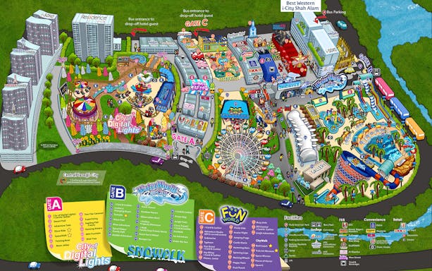 Map of I-City Theme Park in Shah Alam, featuring attractions like City of Digital Lights and WaterWorld.