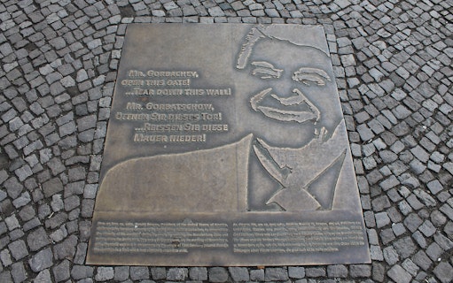 Plaque with Ronald Reagan's quote at Berlin Wall site, Berlin, Germany.