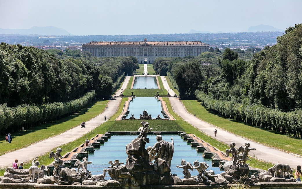 Fountains and gardens at Royal Palace of Caserta, Naples, Italy.