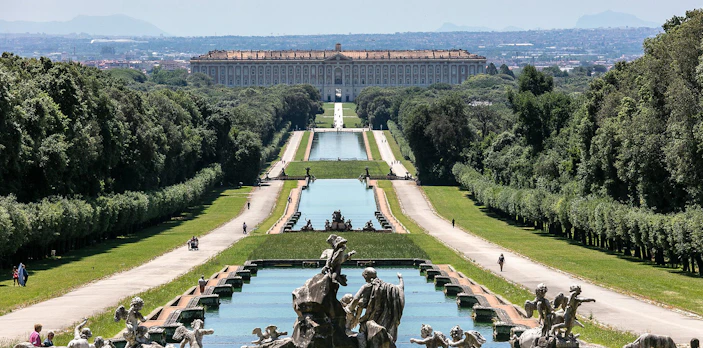 Fountains and gardens at Royal Palace of Caserta, Naples, Italy.
