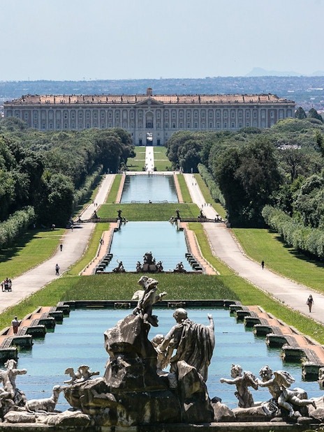 Fountains and gardens at Royal Palace of Caserta, Naples, Italy.