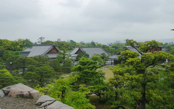 Nijo Castle in Kyoto surrounded by lush greenery and traditional architecture.