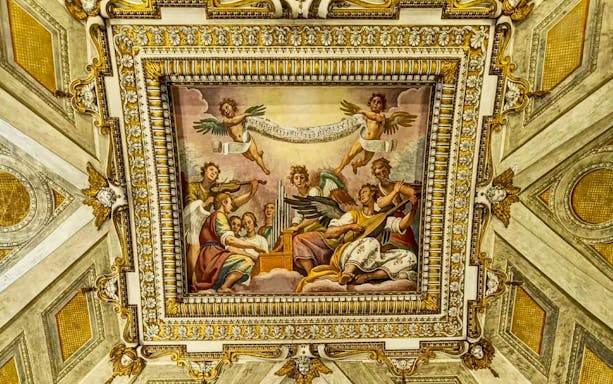 Ceiling fresco with angels and musicians in Santa Maria Maggiore Basilica, Rome.