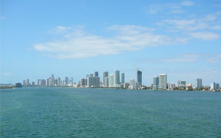 Skyline view of Miami from Biscayne Bay during a boat tour.