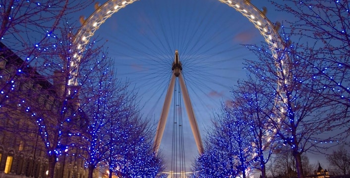 London Eye illuminated at night with blue-lit trees in foreground.