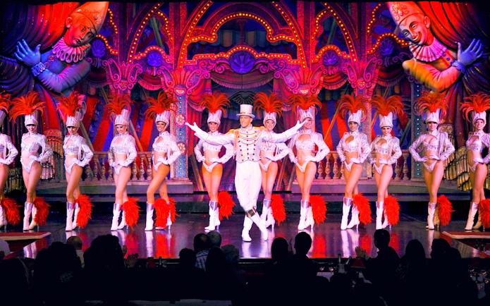 Performers in vibrant costumes on stage at the Moulin Rouge show in Paris.