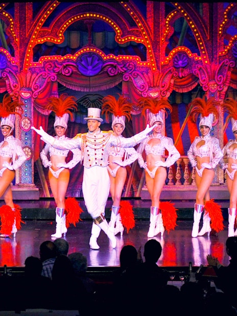 Performers in vibrant costumes on stage at the Moulin Rouge show in Paris.