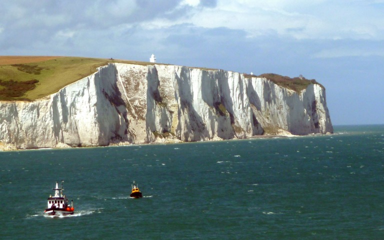 White Cliffs of Dover with boats on the English Channel.
