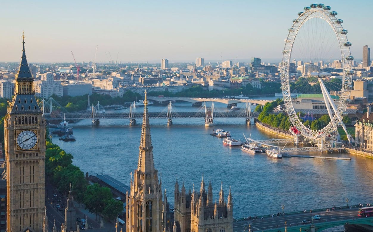 Westminster and London Eye view from Thames River, London.