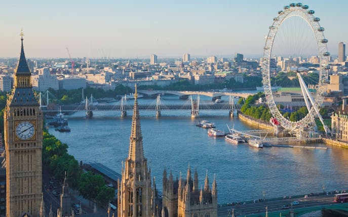 Westminster and London Eye view from Thames River, London.