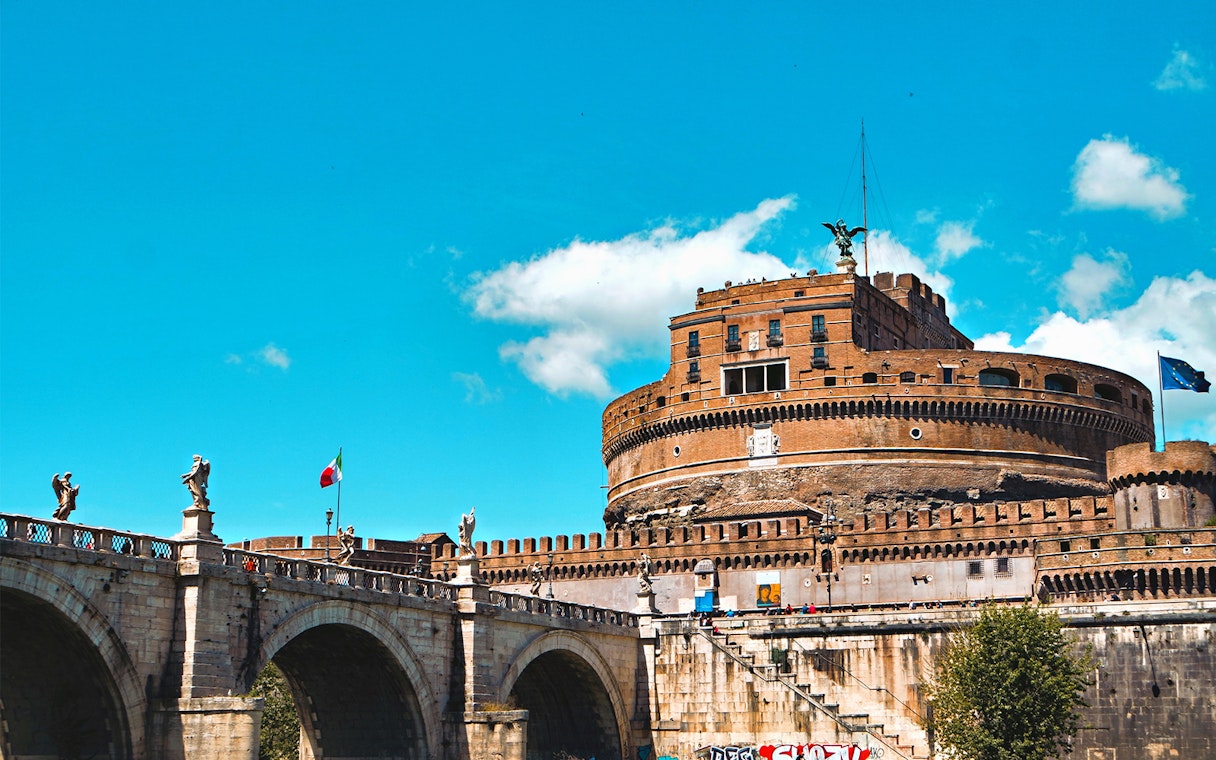 Castel Sant'Angelo and Ponte Sant'Angelo in Rome, featured on the Angels & Demons Tour.