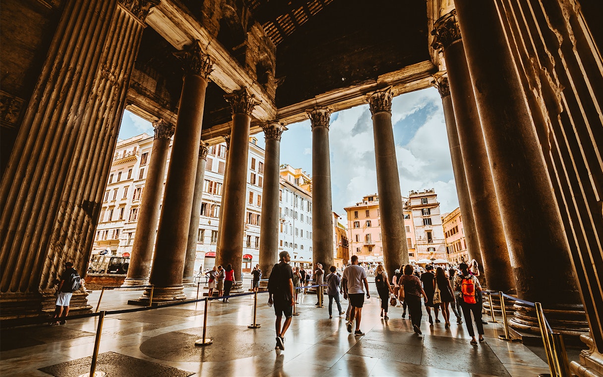 Visitors walking through the Pantheon in Rome on the Official Angels & Demons Tour.