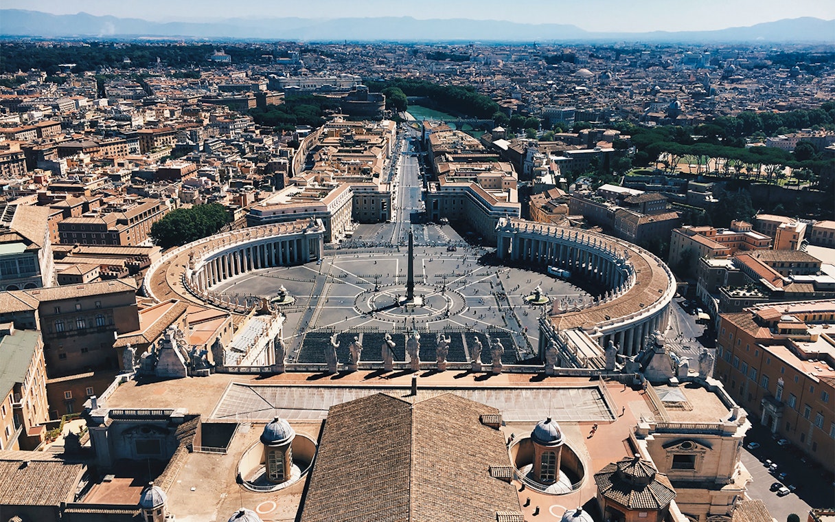 Aerial view of St. Peter's Square in Vatican City, featured in The Official Angels & Demons Tour.