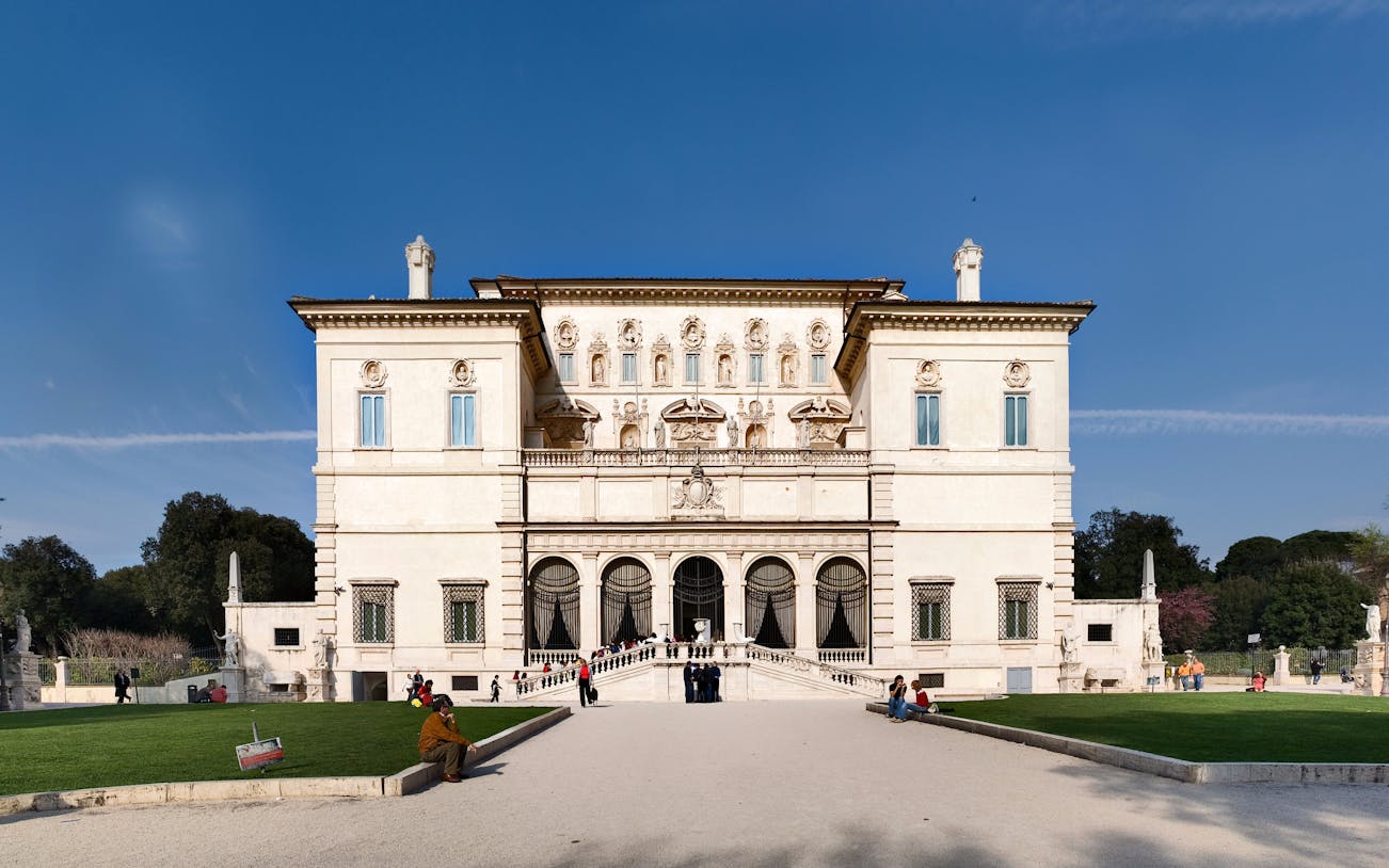 Borghese Gallery facade with visitors in Rome, Italy, during a half-day tour.