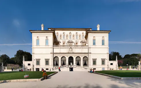 Borghese Gallery facade with visitors in Rome, Italy, during a half-day tour.