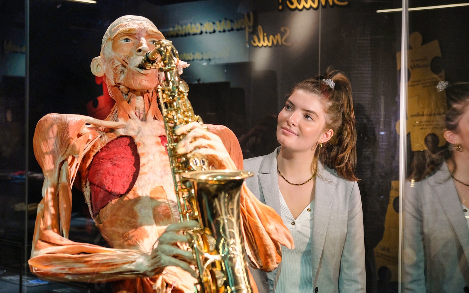 Body Worlds Amsterdam exhibit with anatomical displays, highlighting human happiness, Netherlands.