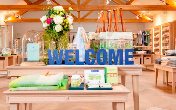 Welcome display with merchandise at Hillsborough Castle and Gardens gift shop.
