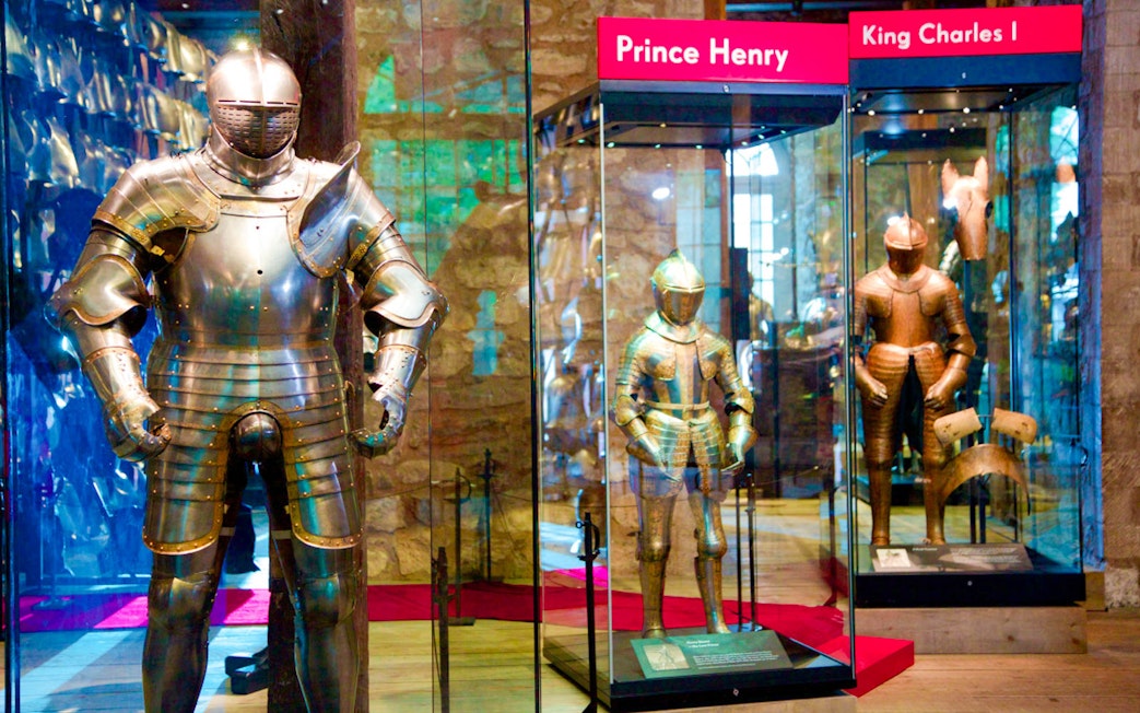 Armour displays of Prince Henry and King Charles I at Tower of London exhibition.