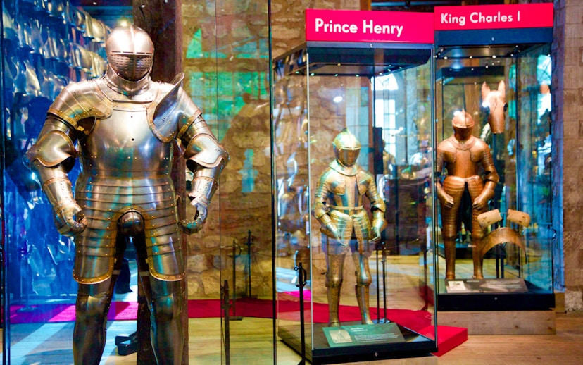 Armour displays of Prince Henry and King Charles I at Tower of London exhibition.