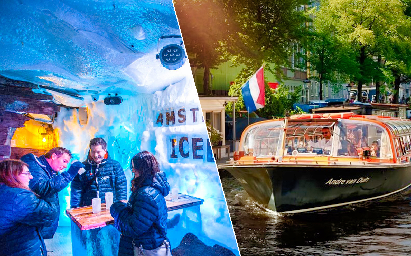 Xtracold Icebar visitors in Amsterdam and a canal cruise boat on the water.