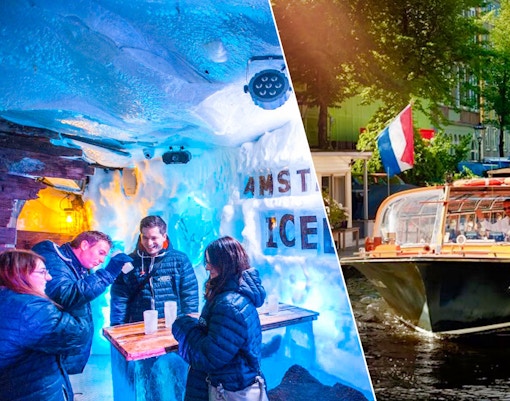 Xtracold Icebar visitors in Amsterdam and a canal cruise boat on the water.