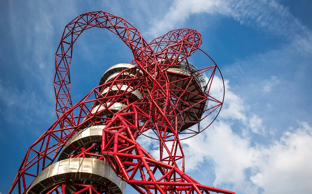 ArcelorMittal Orbit structure against blue sky in London.