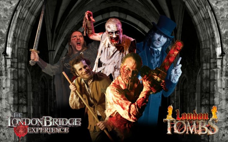 Characters in horror costumes at The London Bridge Experience.