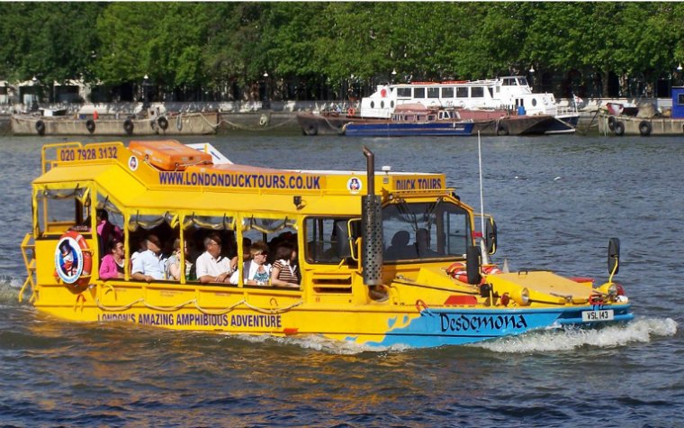 Amphibious vehicle on Thames River during London Duck Tours.