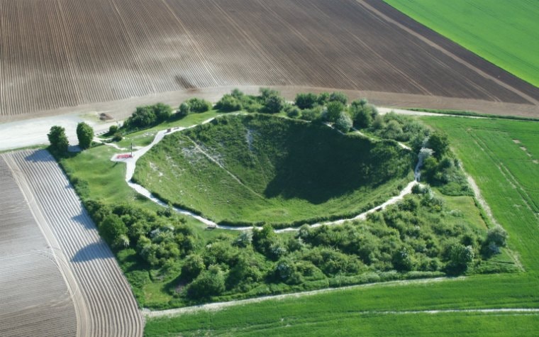 Aerial view of Lochnagar Crater, a World War I site on the Somme Battlefields in France.