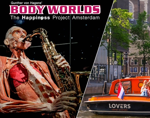 Body Worlds exhibit with saxophone player and Amsterdam canal cruise boat with tourists.