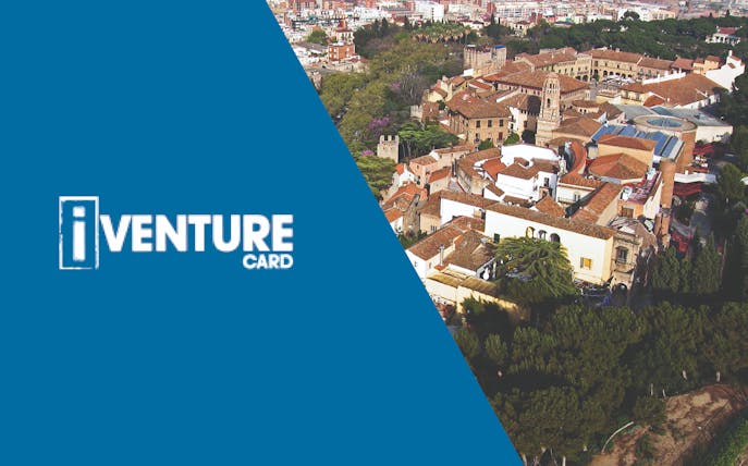 Barcelona cityscape with iVenture Card logo, highlighting multi-attraction pass benefits.