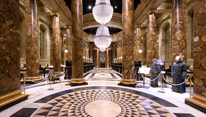 Gringotts Wizarding Bank interior at Harry Potter Warner Bros. Studio Tour, London.