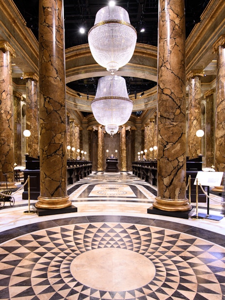 Gringotts Wizarding Bank interior at Harry Potter Warner Bros. Studio Tour, London.