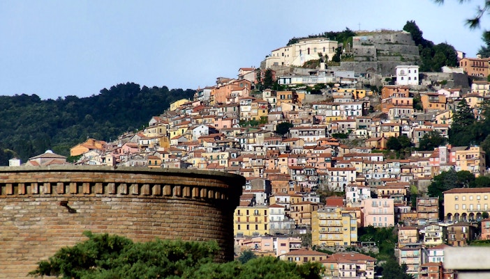 A scenic view of Castelli Romani vineyards and rolling hills near Rome, Italy.