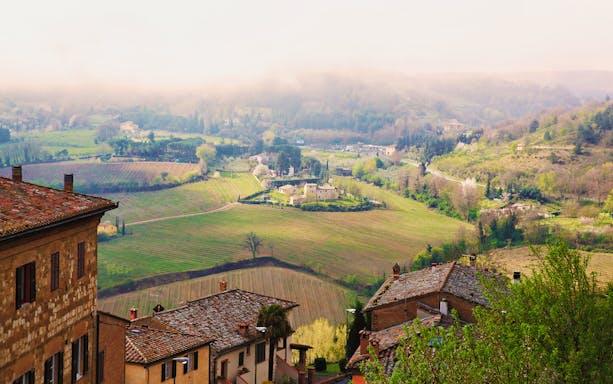 Tuscany countryside view with vineyards and rustic buildings, part of Best of Tuscany in One Day tour from Rome.