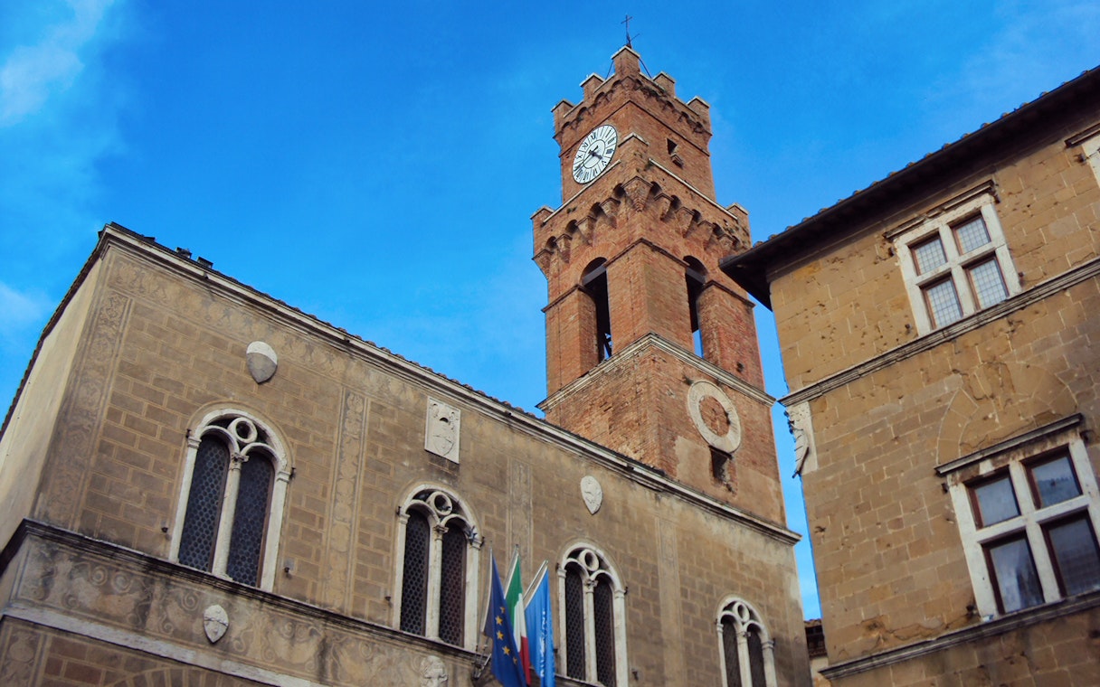 Clock tower in Pienza, Tuscany, viewed during the Best of Tuscany in One Day tour from Rome.