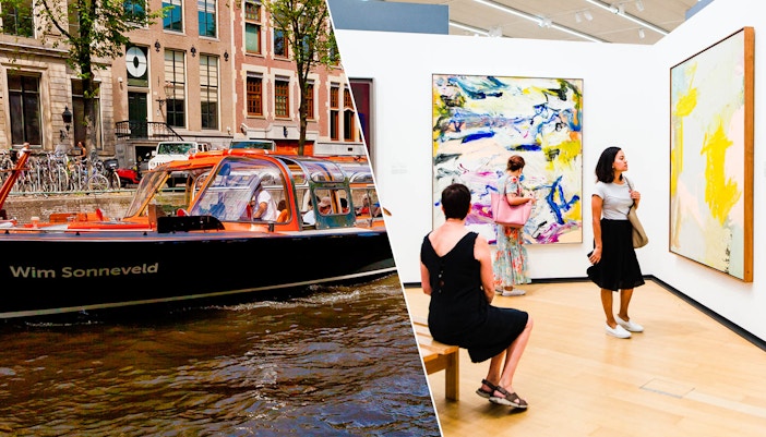 Canal cruise boat in Amsterdam and visitors viewing modern art at Stedelijk Museum.