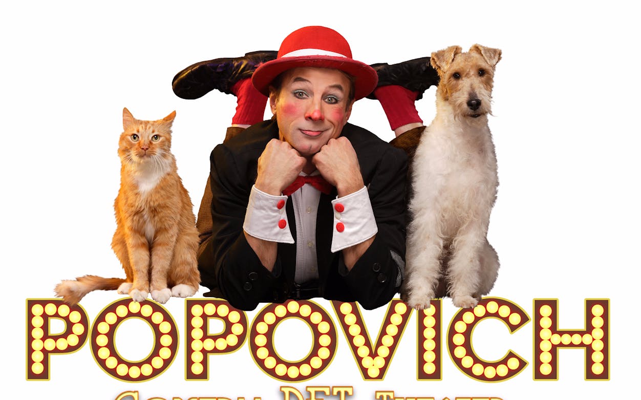 Clown with cat and dog at Popovich Comedy Pet Theater.